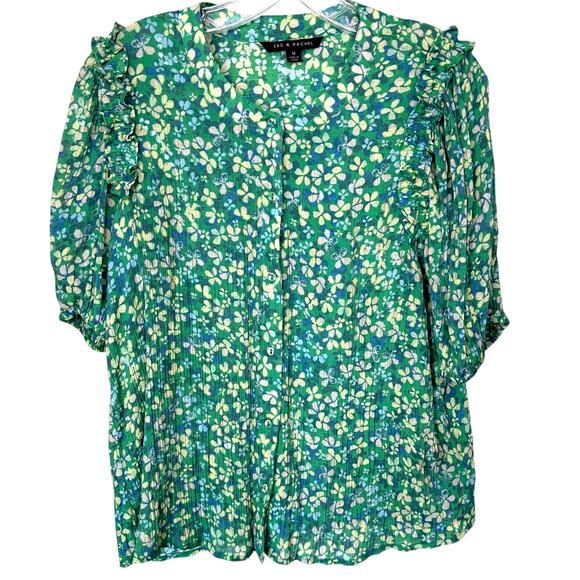Zac & Rachel Wms M Green Floral Button Front Gauzy Top Ruffle Trim Cottagecore - Picture 1 of 11